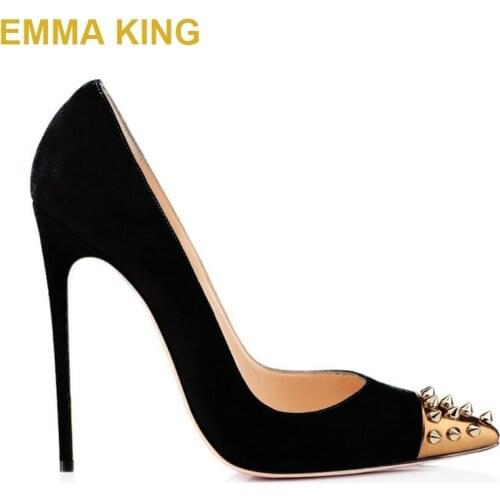 Black Suede Pumps Women Rivets Studded High Heels Pointed Toe Ladies Stilettos 10CM 12CM Sexy Dress Party Heels Shoes Woman 2019