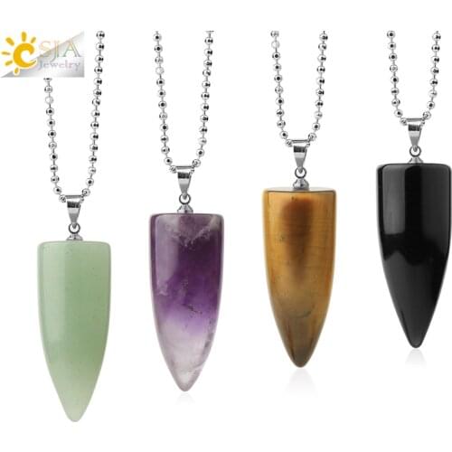 CSJA Natural Stone Necklace for Men Bullet Pendants Healing Crystal Quartz Lapis Lazuli Amethysts Black Obsidian Colliers G704