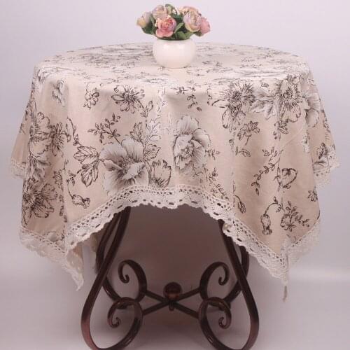 CURCYA Durable Beige Cotton Linen Table Cloth Peony Floral Printed Dustproof Table Covers for Furnitures Household Applicances