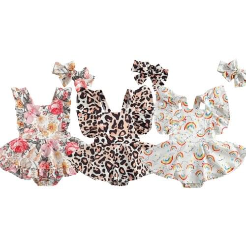 Infant Baby Girls Two-piece Clothes Set, Printed Pattern Sleeveless Square Collar Romper + Headdress, White/ Black