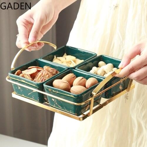 European-style Marble Snack Platter Ceramic Dried Fruit Tray Storage Box Metal Shelf Creative Household Snacks Candy Tray Home