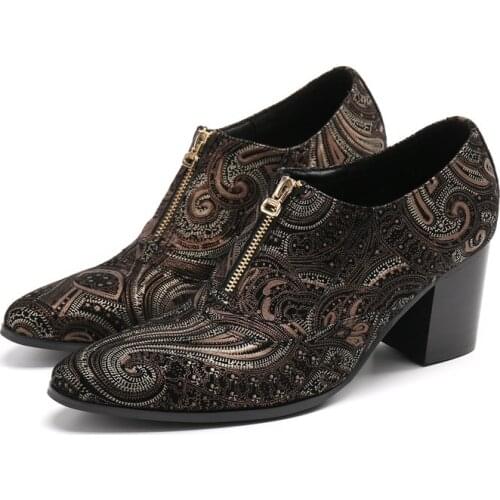 Shoes For Men With Free Shipping Genuine Leather Print Mens High Heels Oxford Front Zipper Italian Luxury Dress Wedding Sapatos