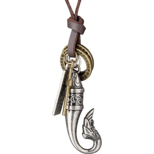 NIUYITID Vintage Fish Necklace & Pendant Men Long Leather Rope Chain Jewelry Adjustable Male Neckless Accessories erkek kolye