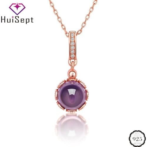 HuiSept Fashion Silver 925 Necklace Round Shaped Amethyst Zircon Gemstone Pendant Jewellery Ornament for Women Wedding Wholesale