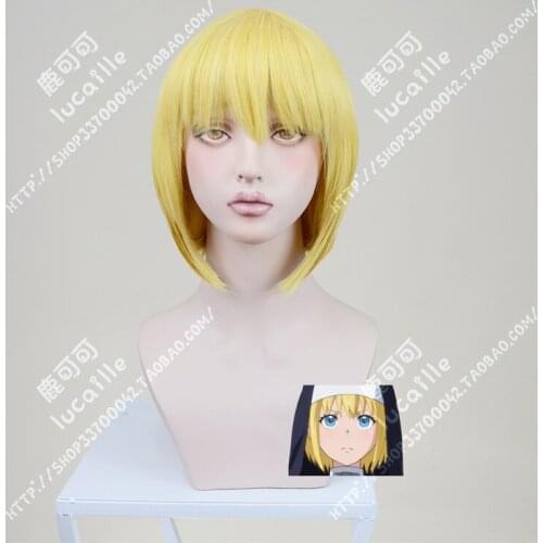 Anime Fire Force Iris Wigs Short Golden Heat Resistant Synthetic Hair Cosplay Wigs + Wig Cap