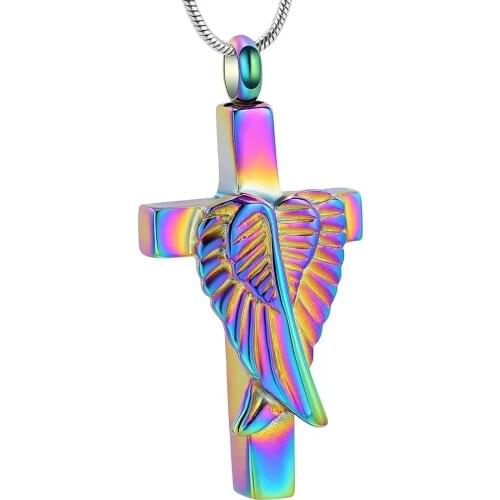 Angel Feather Wing Wrapped Cross Stainless Steel Cremation Pendant Necklace For Ashes Keepsake Memorial Jewelry Women Men