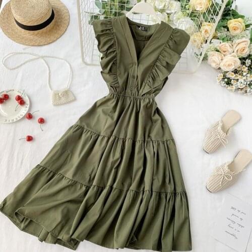 French Vintage Women Dress 2021 Summer Solid color High waist V-neck Ruffles Sleeveless Dress Elegant A-line Vestidos Femme