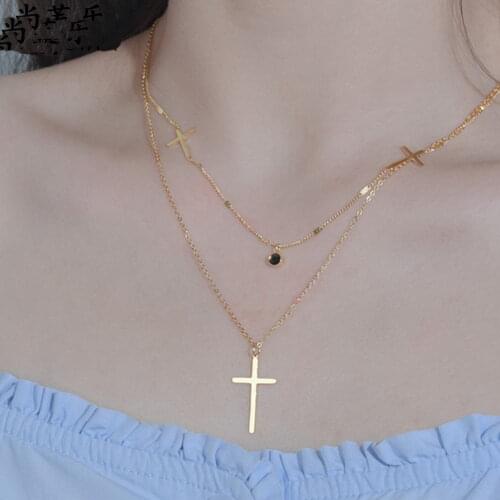 Simple Multilayer Necklaces Pendants Vintage Cross Necklace For Women Female Stainless Steel Chain Party Punk Statement Jewelry
