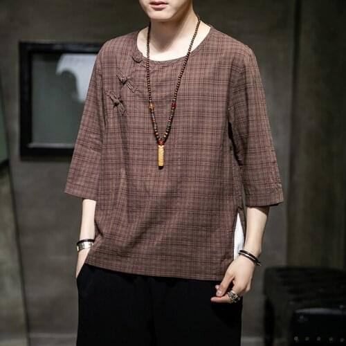 2021 Summer Chinese Style Men Plaid Shirt Vintage Half Sleeve Casual Button Camisa Street Retro Traditional Hanfu Shirts 31028