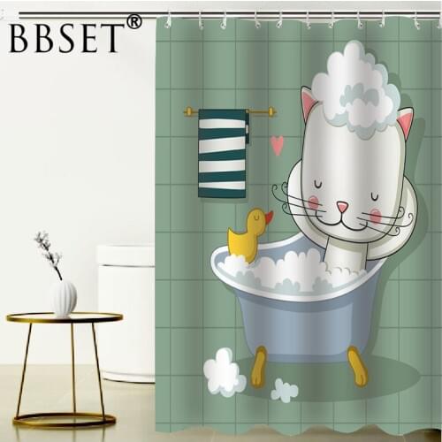 Cat Shower Curtain Cute White Cat In The Bath Pattern Waterproof Multi-size Douchegordijn Kids Bathroom Decor with 12 Hooks