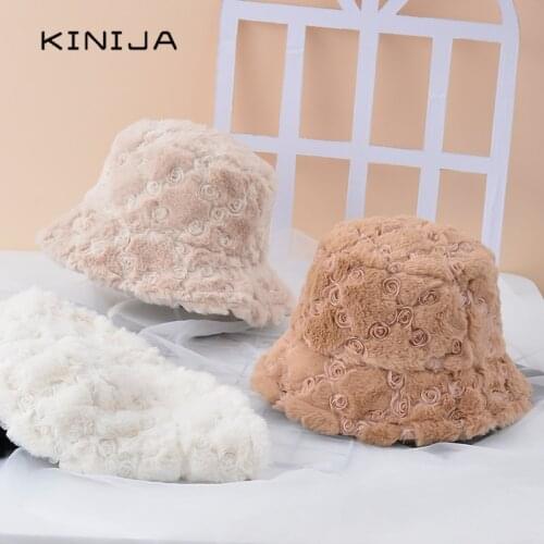 Velvet Bucket hat women winter fur warm basin cap Russia fashion Elegant lady Plush thicken solid hats Rose Pearl Panama cap