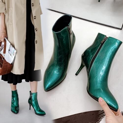 2019 New boots Black Women Ankle Boots Pointed Toe Chunky High Heel Boots Mirror Metallic Women Pumps Female Sexy Stiletto Boots