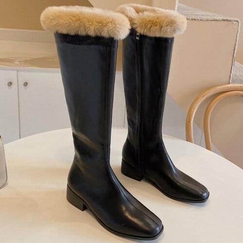 2020 New Winter Genuine Leather Handmade Women Boots Knee High Round Toe Square Heels Ladies Shoes Zipper Warm Feminines Boots