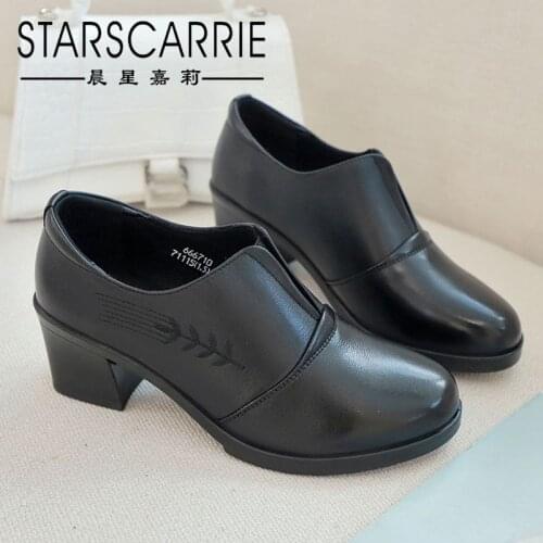 Top layer cowhide casual ladies heel shoes 2021 autumn leather thick heel womens shoes low-top high-heeled pumps