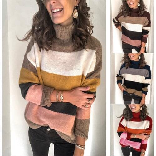 2021 Women Fall Casual Long Sleeve Pullover O Neck Color Block Loose Knitted Sweater Womens Clothing
