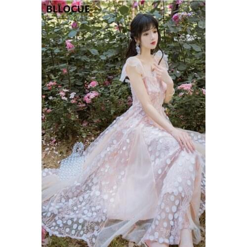 BLLOCUE 2020 Summer Seaside Vacation Beach Dress Womens Sweet Pink Square Collar Halter Fashion Mesh Party Dress