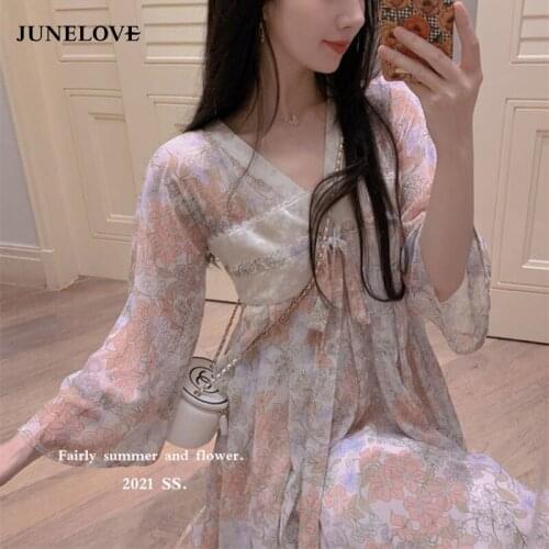 Vintage Midi Dress Women Floral Printing Chiffon Elegant Fairy Dresses 2021 Autumn Korean One-piece Dress Temperament Dress