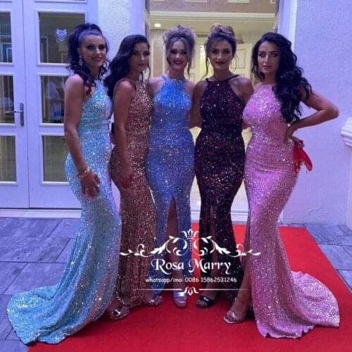 Sexy Sequined Mermaid Prom Dresses Halter Front Slit Plus Size Formal Pageant Evening Party Gowns for Women Vestido De Festa