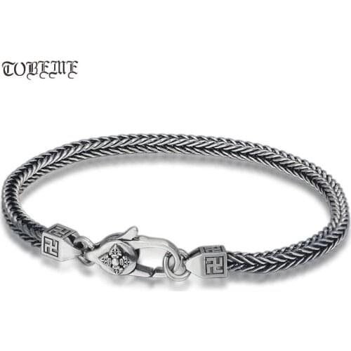 100% 925 Silver Tibetan Dorje Symbol Bracelet 925 Sterling Buddhist Vajra Symbol Bracelet Wanzi Symbol Bracelet Good Luck