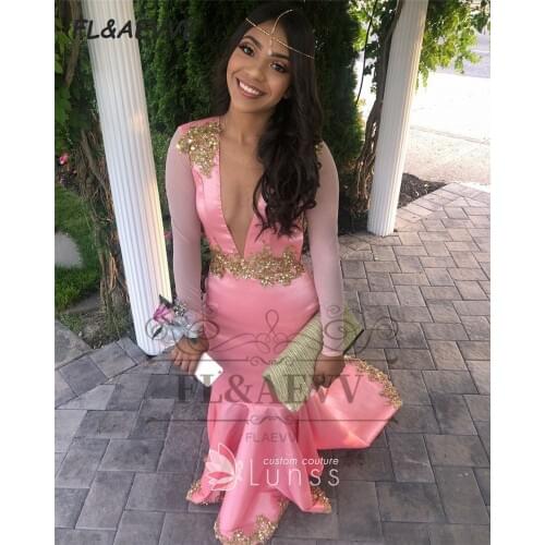 2021 Pink Evening Dress Mermaid V Neck Long Sleeves Gold Lace Appliques Floor Length Elastic Satin Evening Prom Party Gowns