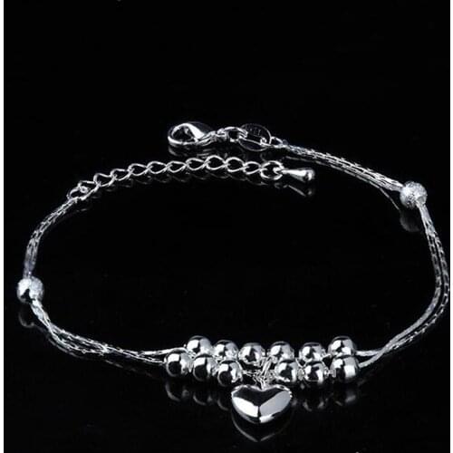 925 Silver Heart Anklet Simple Temperament Double Beaded Anklet, Suitable for Ladies anklets for women charm bijoux femme 2019