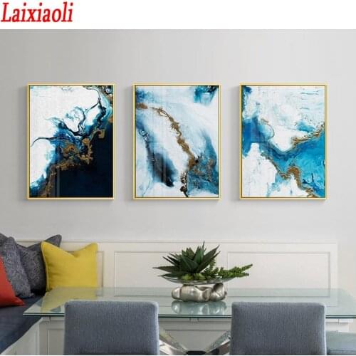 Abstract color spalsh blue golden DIY Diamond Painting Cross Stitch 3 pcs/set Diamond Embroidery mosaic Full Diamond Decoration