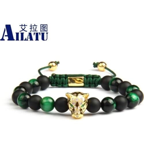 Ailatu Men Panther Cz Bracelet 8mm Natural Matte Onyx & Green Tiger Eye Stone Leopard Macrame Jewelry Add Logo Back Bead