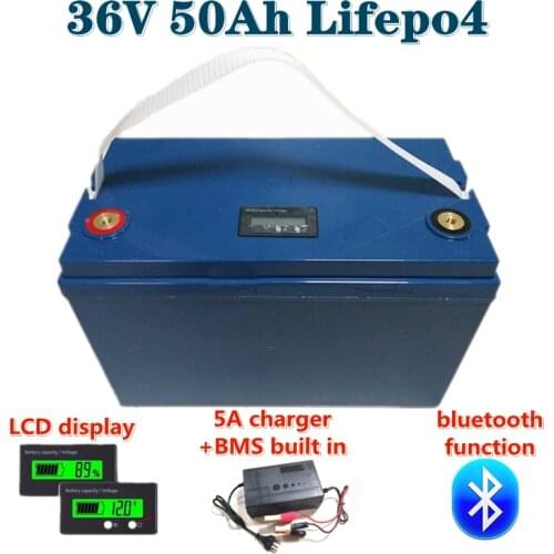 Lifepo4 battery pack 36V 50Ah waterproof with BMS for scooter, bike, Tricycle 1500W solar golf cart, comes with 5A charger