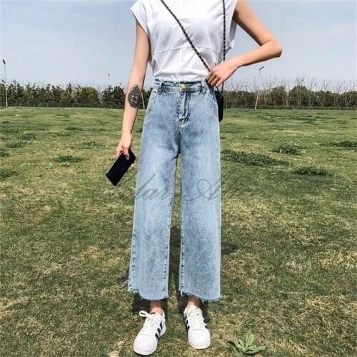 Free Shipping 2020 Womens Spring and Summer New Eight-point Straight Jeans Up and Down Raw Edge Wide Leg Casual Pants