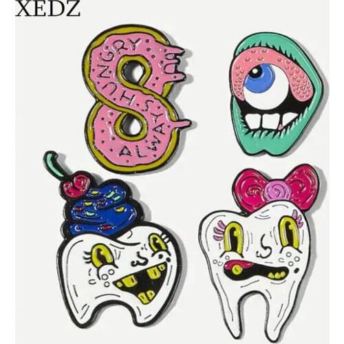 XEDZ Fashion Style Hot Sale Cartoon Teeth Siblings Eat Dessert Tooth Loss Brooch Cute Pattern Pink 8 Word Donut Brooch with Cart