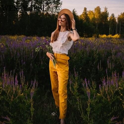 WESAY JESI Womens Pants 2021 Fashion Belt High Waist Pant Ladies Solid Straight Ankle-Length Trousers Streetwear Female Chic