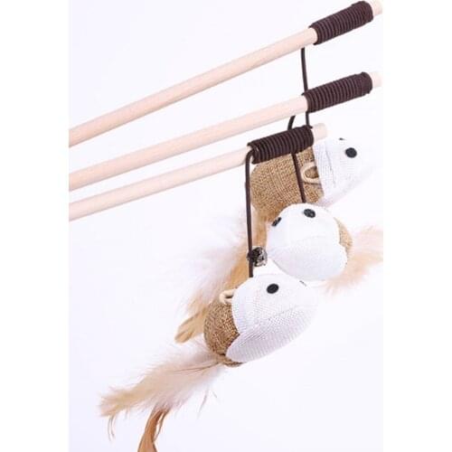 Cartoon Pet Cat Teaser Toys Feather Wood Rod Mouse Toy With Mini Bell Cat Catcher Teaser Wooden Stick Cat Interactive Toys