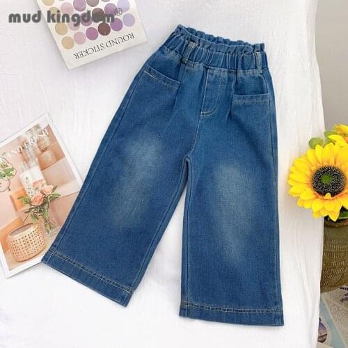 Mudkingdom Girl Jeans Solid Mid Elastic Waist Straight Denim Pants Loose Fit Casual Girl Trousers for Kids Spring Autumn Clothes