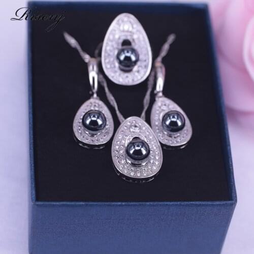 European style Black pearl Silver Color Jewelry Set For Women Drop Earrings Necklace Pendant Set An exciting gift