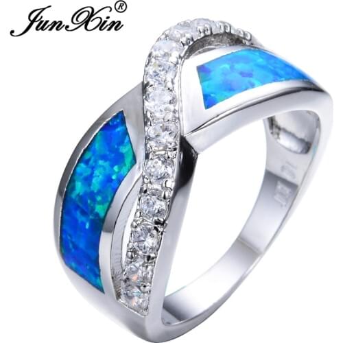JUNXIN Women Blue Fire Opal Ring High Quality Silver Color Fashion Jewelry Vintage Wedding Rings For Women