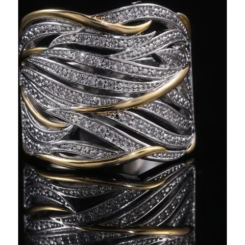 Huitan Two Tone Personality Women Ring Hollow Out Geometric Shape Lady Party Accessories Female Metallic Rings Fashion Jewelry