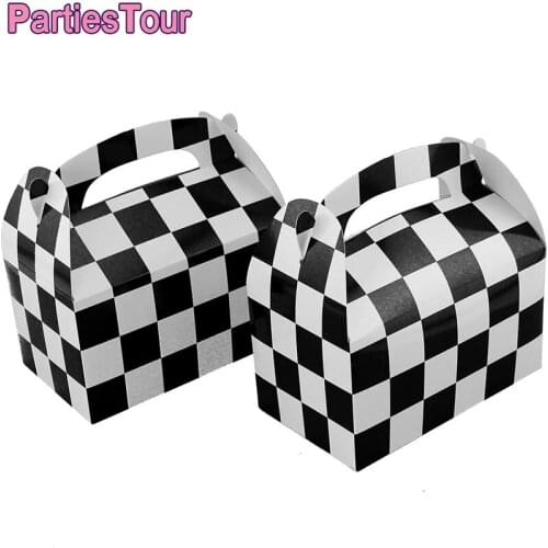 12pcs Black and White Checkered Racing Boxes Racing Flag Pennant Gift Paper Boxes with Handles for Racing Car Birthday Party