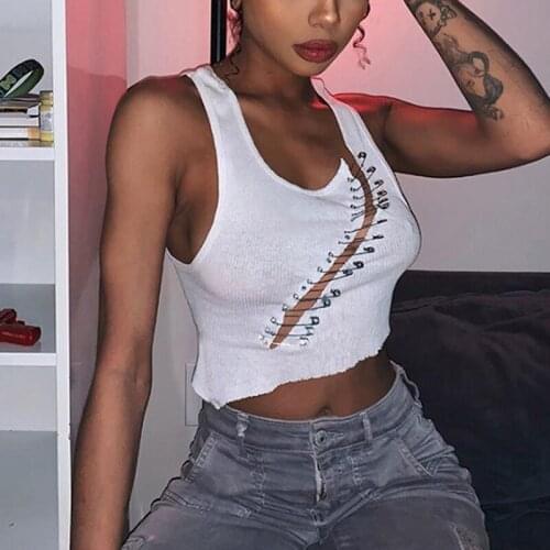 Summer Patchwork Sleeveless Ribbed Hollow Out Vest Women T-shirt Pin Uniqe Design Fashion Simple U Neck Sexy Crop Top White Tee