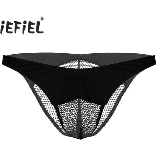 Mens Sissy Lingerie Panties Mesh See-through Fishnet Patchwork Perspective Pouch and Butt Thong Briefs Underwear Underpants