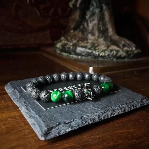 Mens Jewellery Wolf Bracelet Bracelets For Men Green Tiger Stone Armband Lava Stone Friendship Gifts Women Handmade Beads Charm