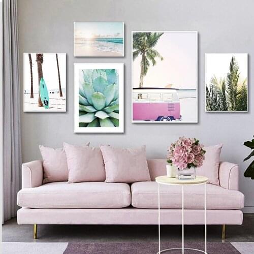 Pink Beach Bus Palm Tree Surfboard Wall Art Canvas Painting Nordic Posters And Prints Aloe Wall Pictures For Living Room Decor
