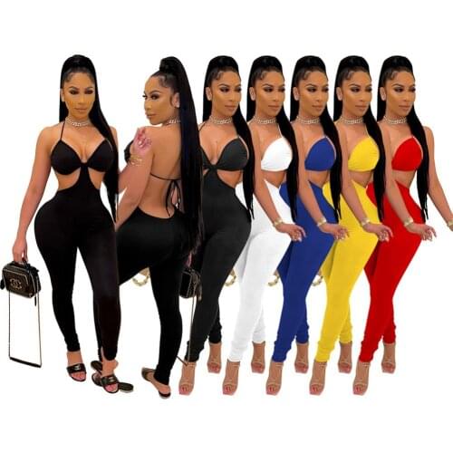 Solid Color One Piece Overall Women Jumpsuit Spaghetti Strap Thin Halter Tops Hollow Out Backless Romper Sexy Skinny Long Pants