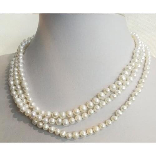 3 strands 5x6mm bright white real pearl necklace natural freshwater pearl Woman Jewelry 35cm 14'' 43cm 17