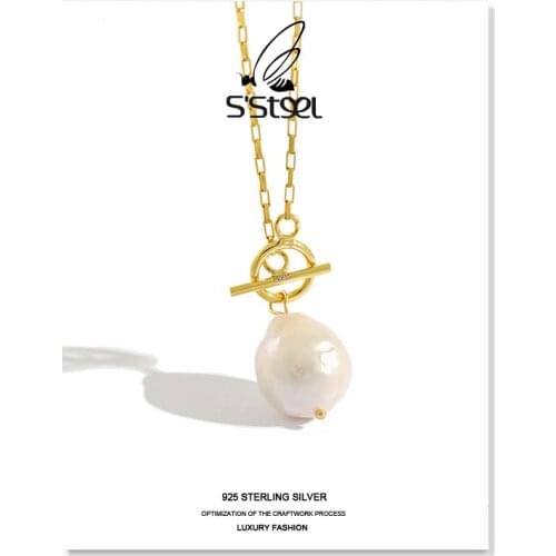 SSTEEL 925 Sterling Silver Necklaces For Women Baroque Freshwater Pearl Statement Korean Pendant Necklace Collana Perle Jewelry