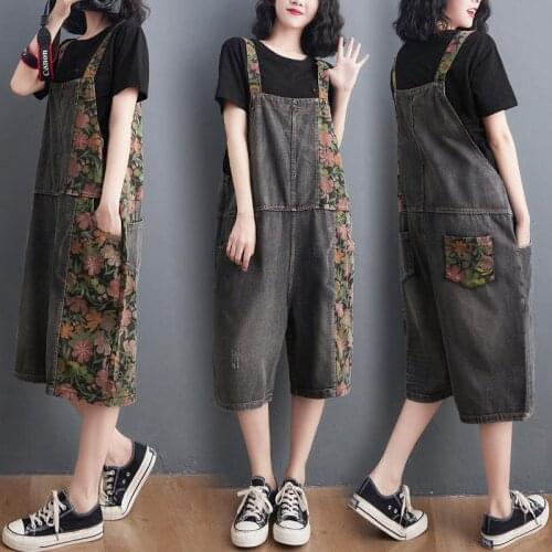 Print Straight Denim Bib Women 2021 Korean Pants Jeans Loose Wide-leg Cropped Overalls Jumpsuit Trousers Streetwear