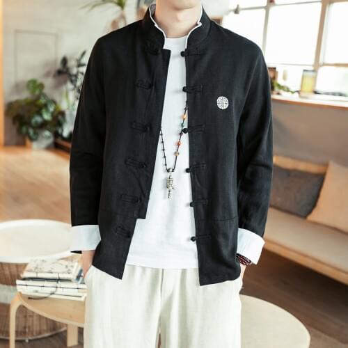 Male soil Chinese collar long-sleeved cotton and linen shirt hair stylist loose coat outside wearing embroidery vintage cotton