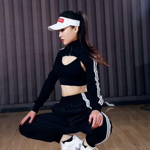 Dancer Outfit Hip Hop Dance Tops Women Clothes Long Sleeve Jazz Dance Wear Stage Costume Black Cheerleader Costume DL7431