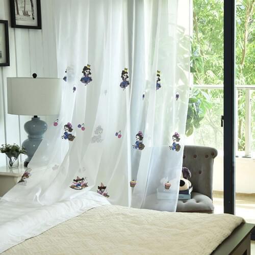 Cartoon Princess Prince Embroidered Tulle Curtains for Kids Bedroom Children Room Sheer Window Treatments Refinement Voile
