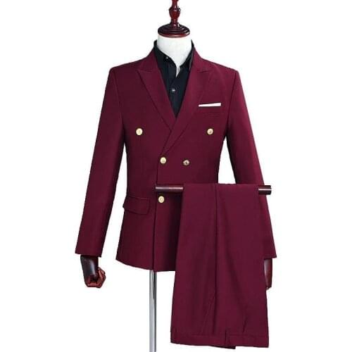 Wine Red Suit Uniform Double Breasted Slim Fit Wedding Tuxedo Business Party Prom Suit Fashion Casual Jacket and Pants