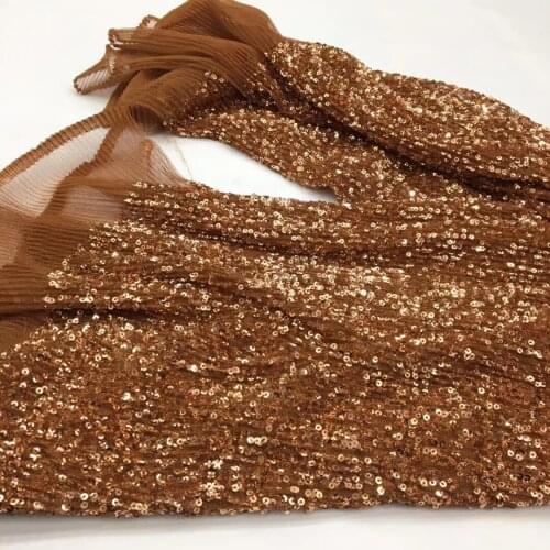 19 colors (5yards/pc) Champagne color pleated sequins net lace stretch African French lace fabric for shining party dress FSS410